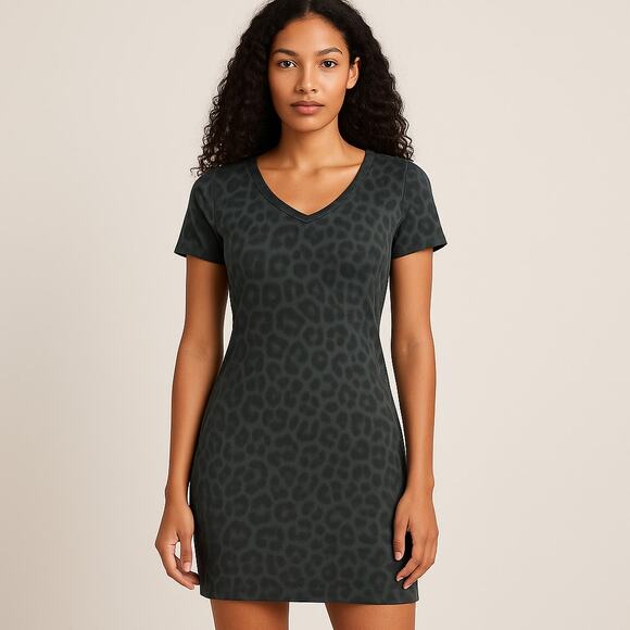 Women’s Leopard Print Short Sleeve Bodycon Dress Gray Green Size 2 - Picture 1 of 9